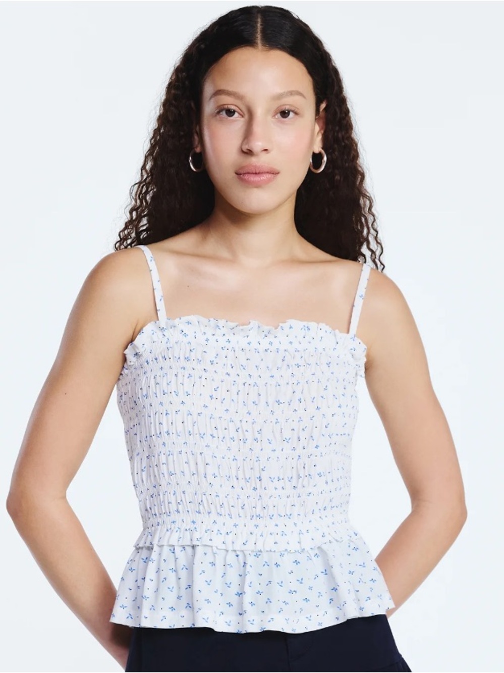 Smocked Peplum Cami Top - White with Blue Floral